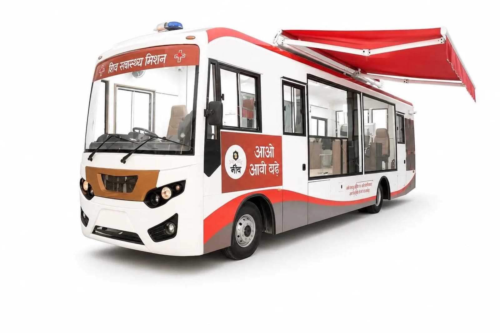 Cloudspital Mobile Medical Unit — fully fitted MMU bus with side awning extended