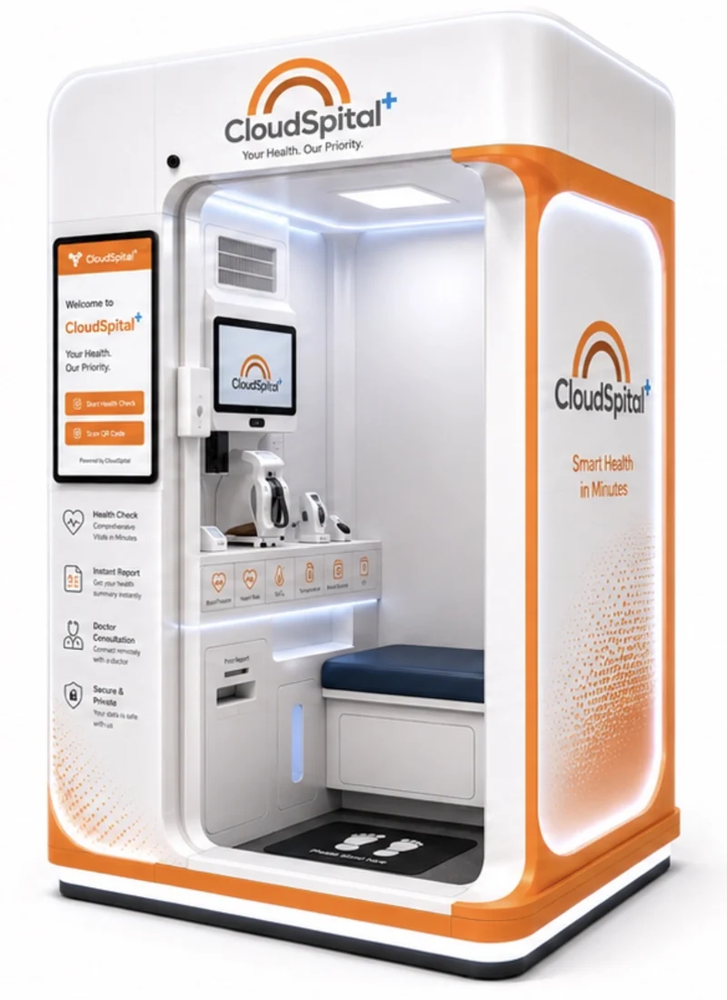AI Health Pod, a white walk-in booth with orange trim and a touchscreen beside the door