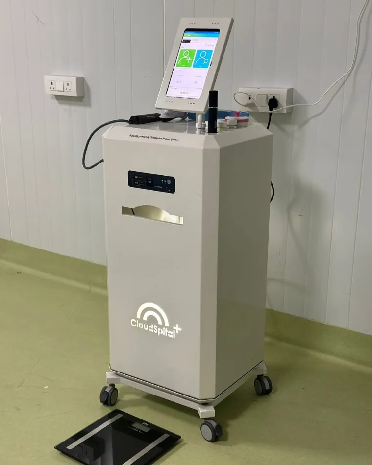 Cloudspital tele-ICU kiosk on wheels in a hospital room